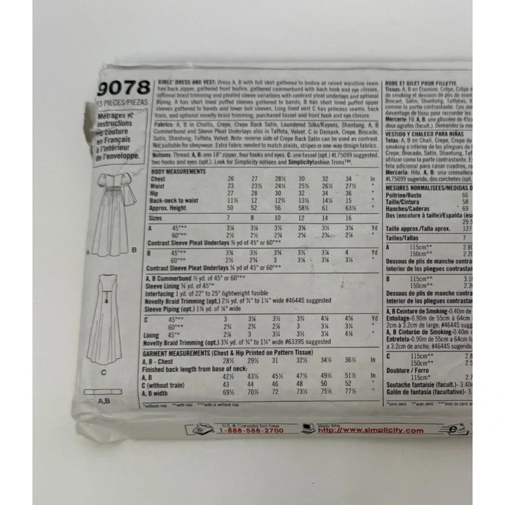 Simplicity Sewing Pattern 9078 Dress Vest Renaissance Medieval Girls 12-16